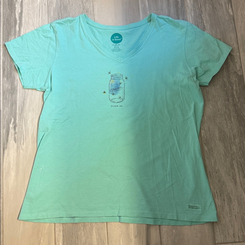 Life Is Good Aqua V-Neck Tee with Mason Jar Print